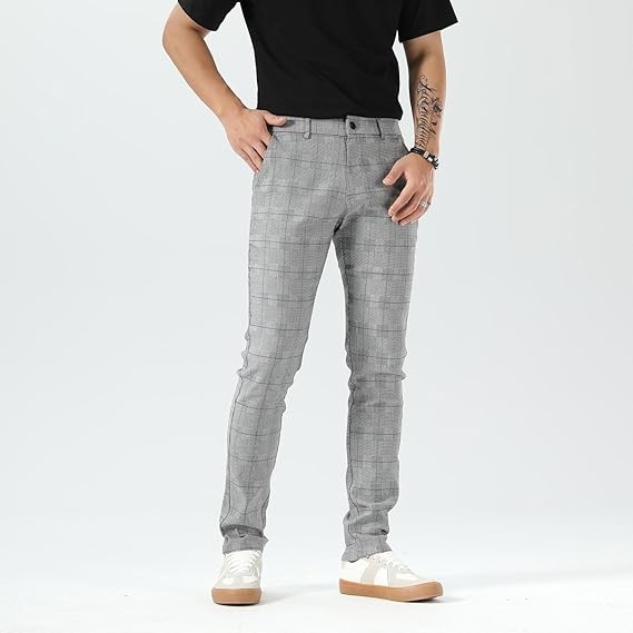 Men's Plaid Pants Skinny Dress Pants for Men Skinny Chino Pants Men