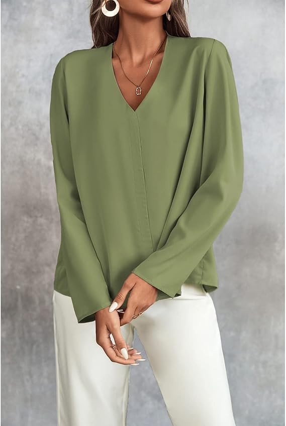 Women's Long Sleeve Shirts V Neck Business Casual Plain Work Blouses Tops