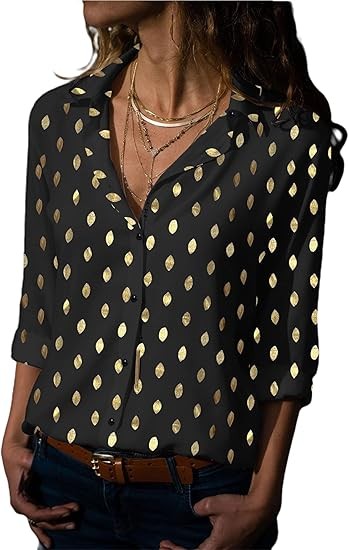 Women Pattern Print Button Down Blouse Top Long Sleeve Work Business Shirt