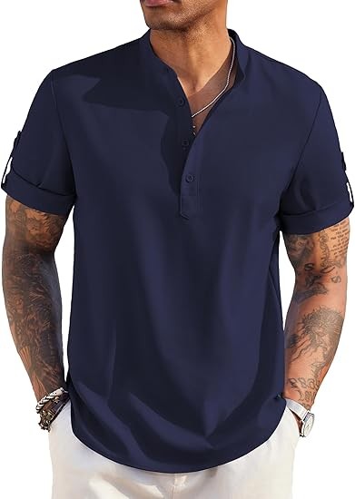 Men's Casual Henley Shirt Short Sleeve Band Collar Linen Shirt Summer Beach Hippie T-Shirts